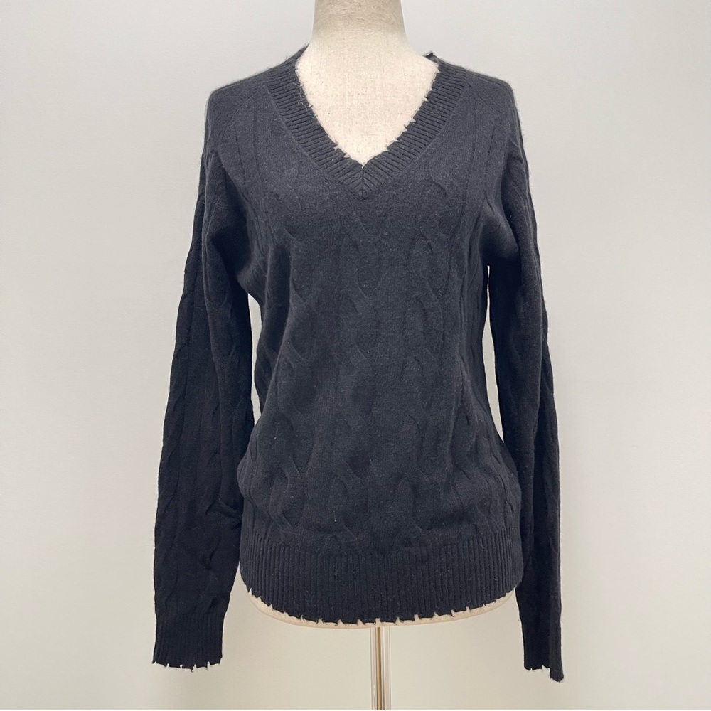 Lux Couture Cashmere Cable V-Neck Sweater, Black, Small